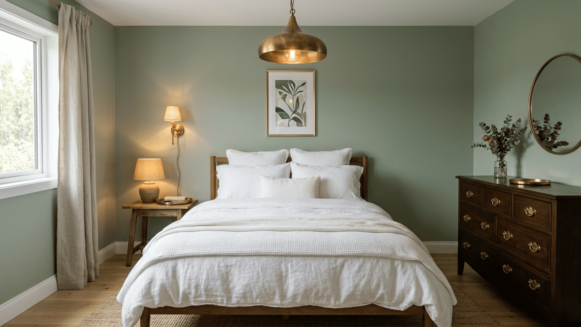 Sage green bedroom with brass pendant, wall sconce, a round mirror, and dark wood dresser.