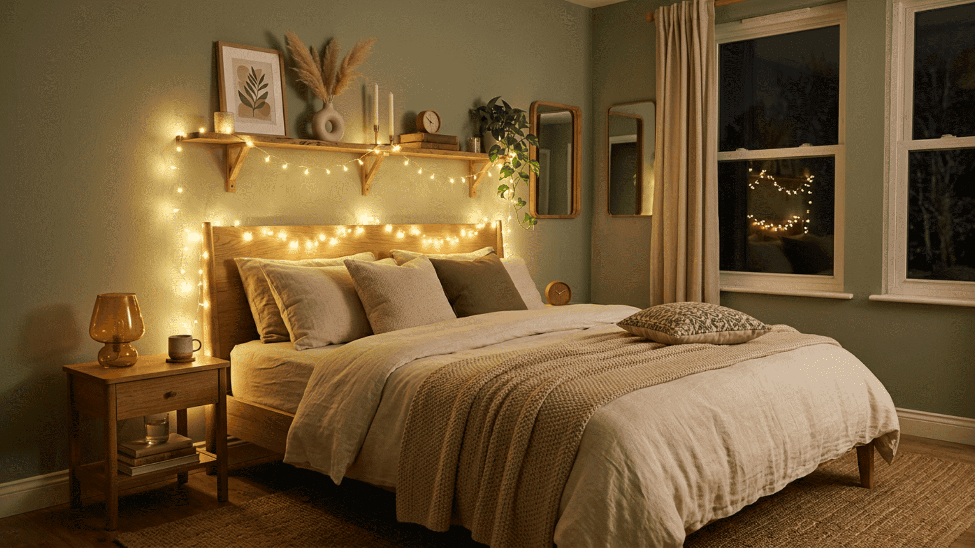 Sage green bedroom glowing with fairy lights, warm, wooden furniture, and layered bedding.