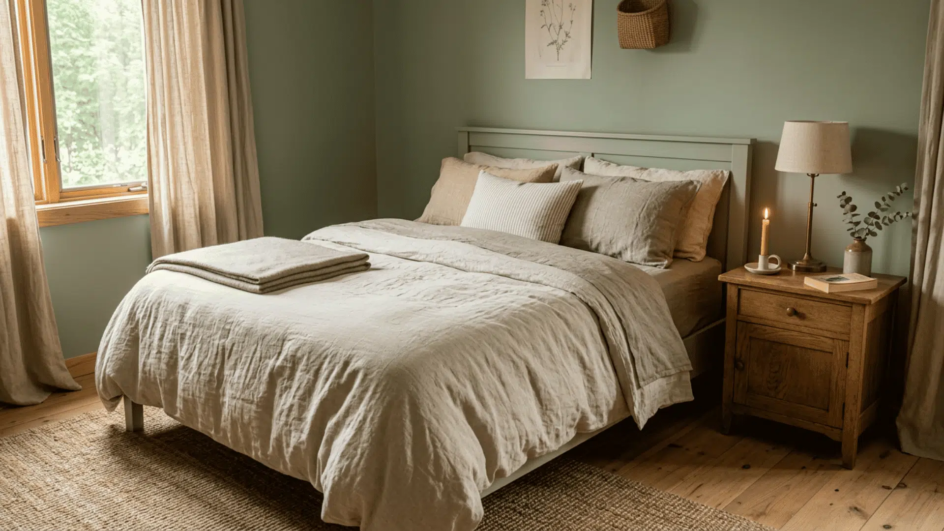 Sage green bedroom with soft natural linen bedding, tan drapes, and warm wooden furniture.