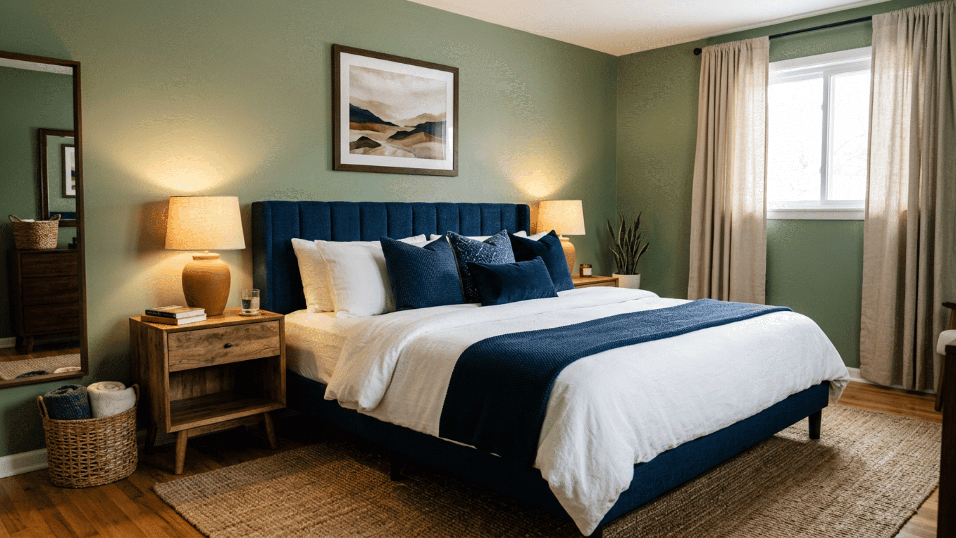 Sage green bedroom with a navy upholstered bed, blue pillows, warm lamps, and wood tables.