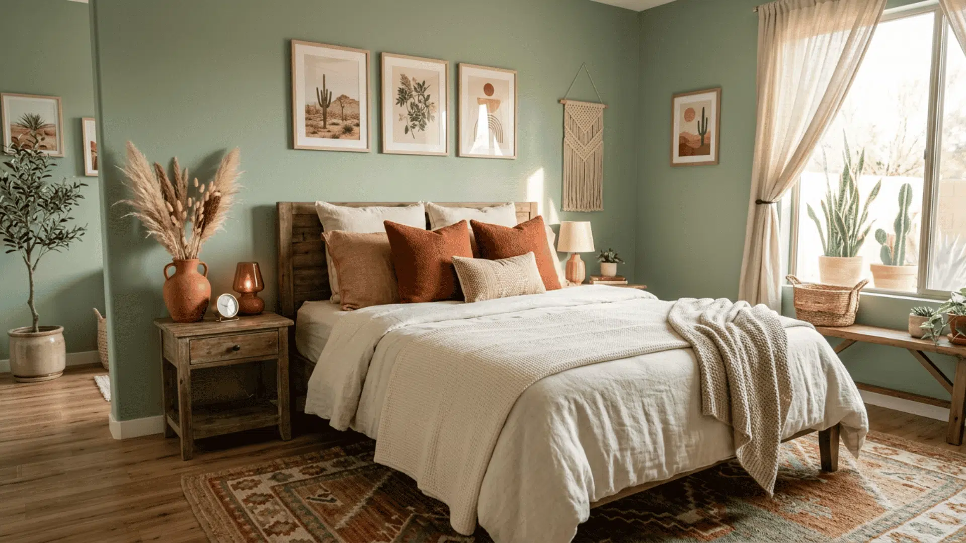 Sage green bedroom with terracotta pillows, rustic wood furniture, and desert-style decor.