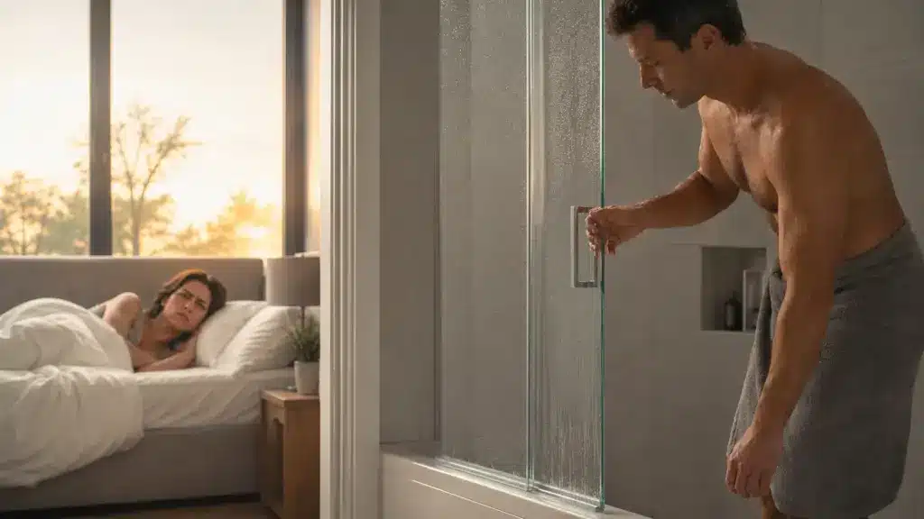 Man wrapped in towel exiting shower while woman rests in bed with sunrise view
