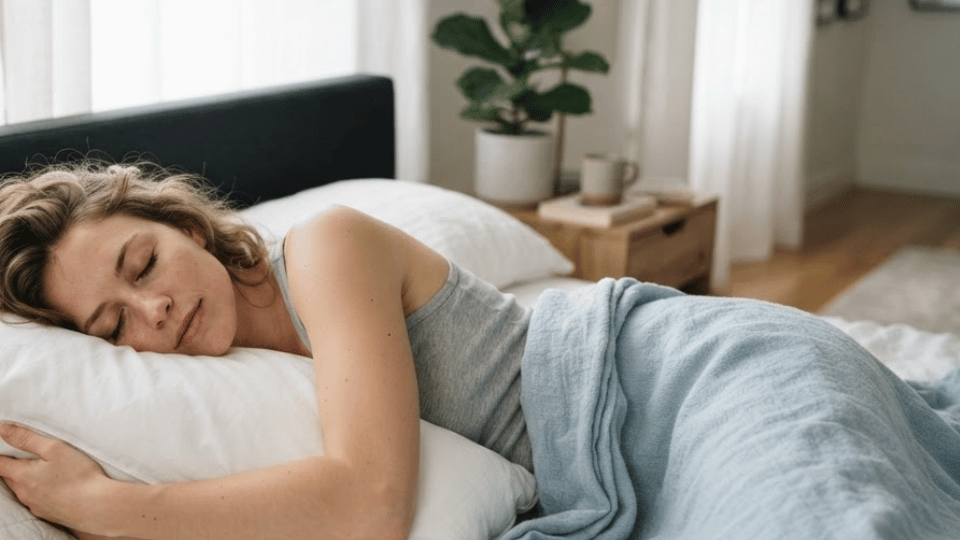 woman sleeping peacefully while hugging a white pillow in bed
