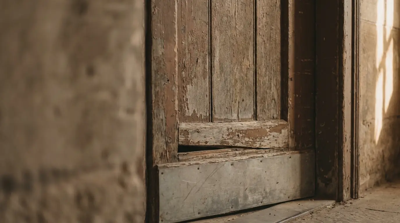 Aged wooden door with peeling paint and metal patch in rustic setting