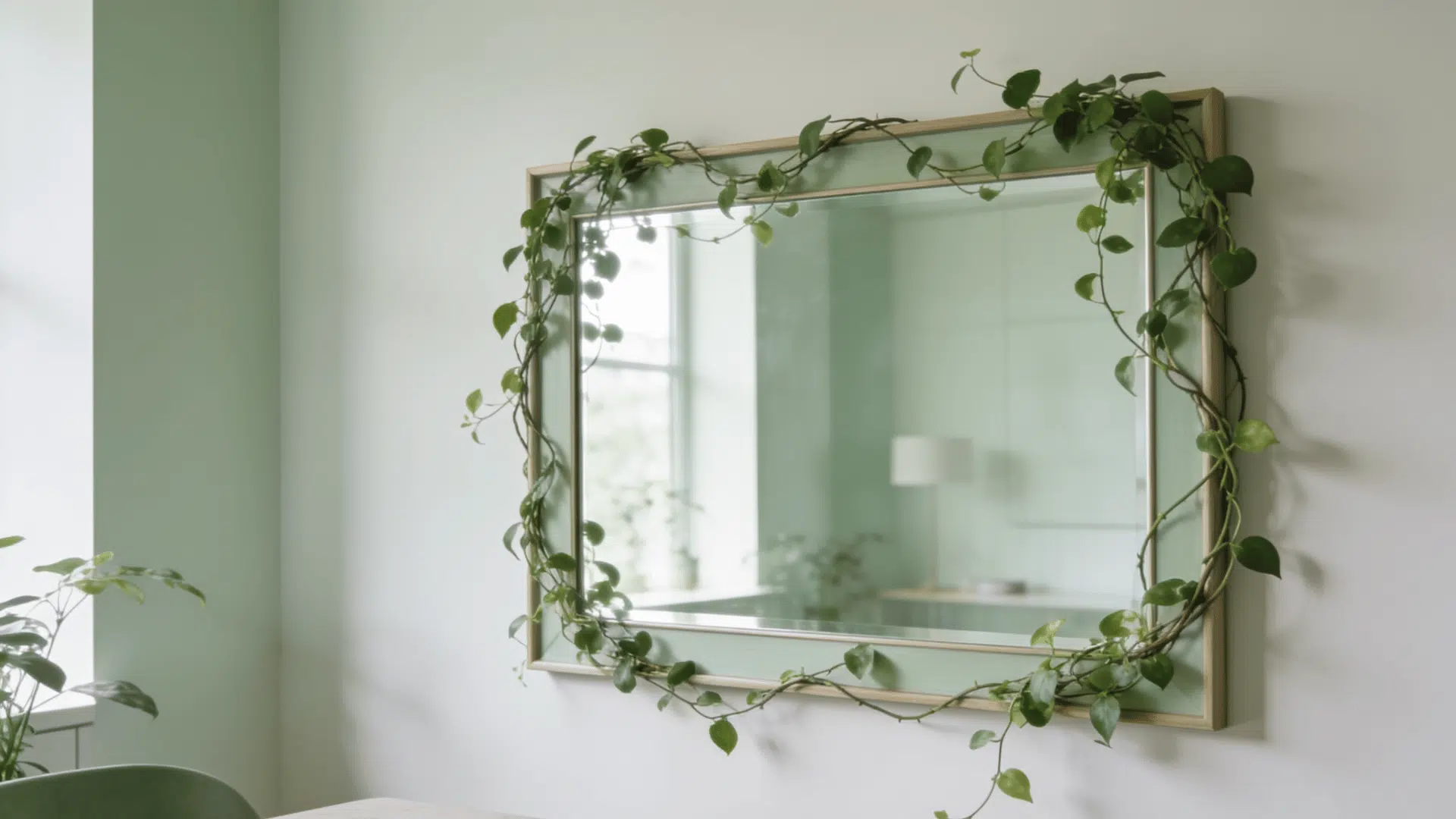 Trailing vines wrapped around a round wall mirror