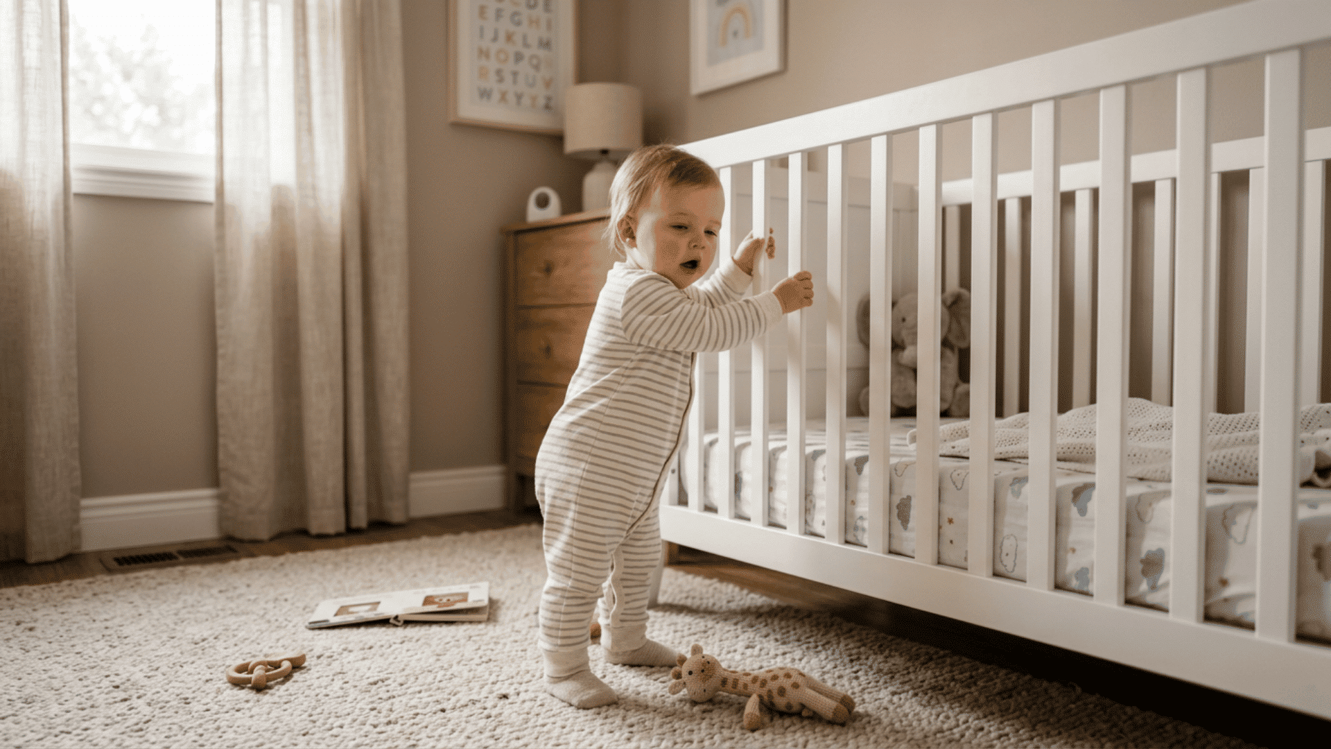 baby stands beside a white crib while holding the rails in a softly lit nursery.