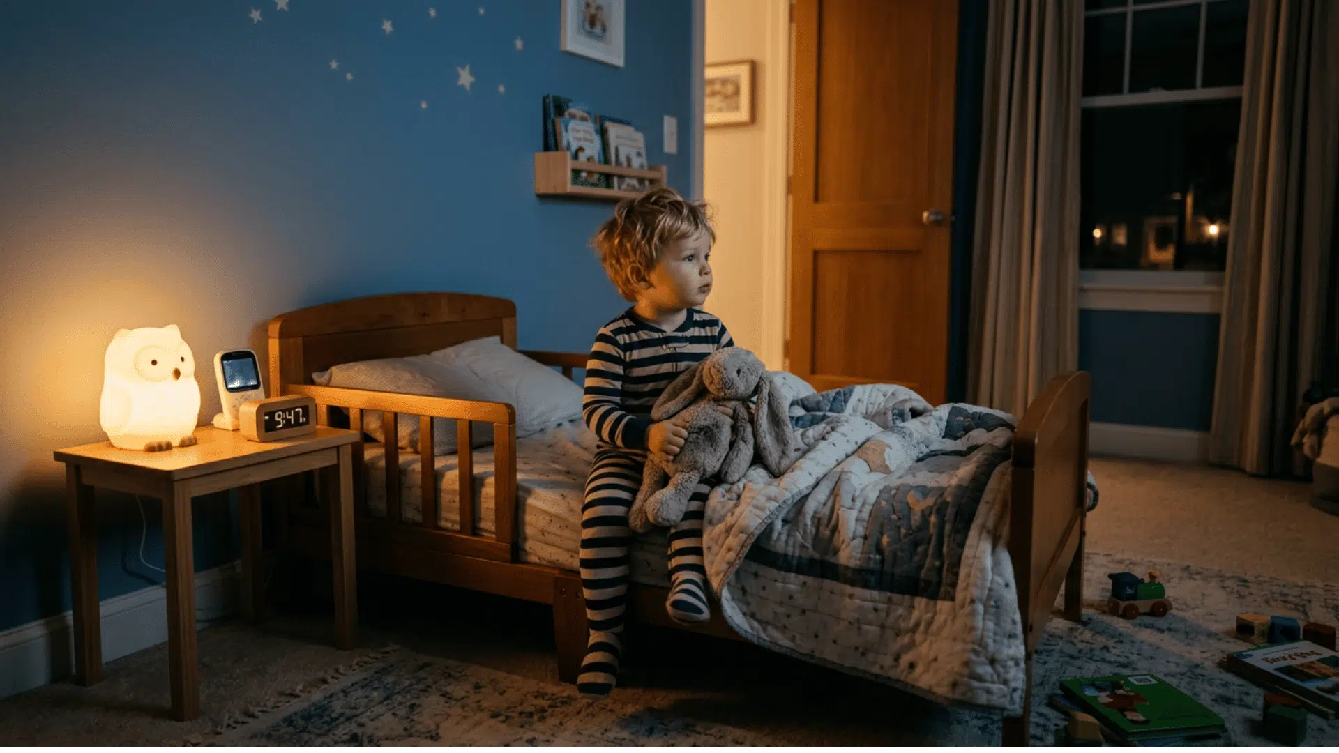 Two year old toddler awake in bed during sleep regression at night.