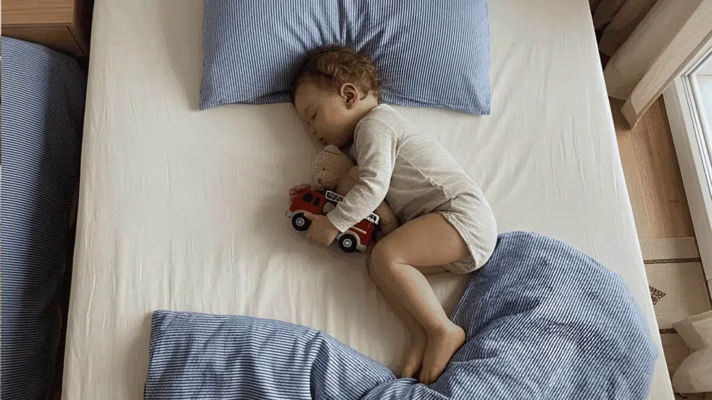 toddler sleeping with toy car and teddy bear during sleep regression