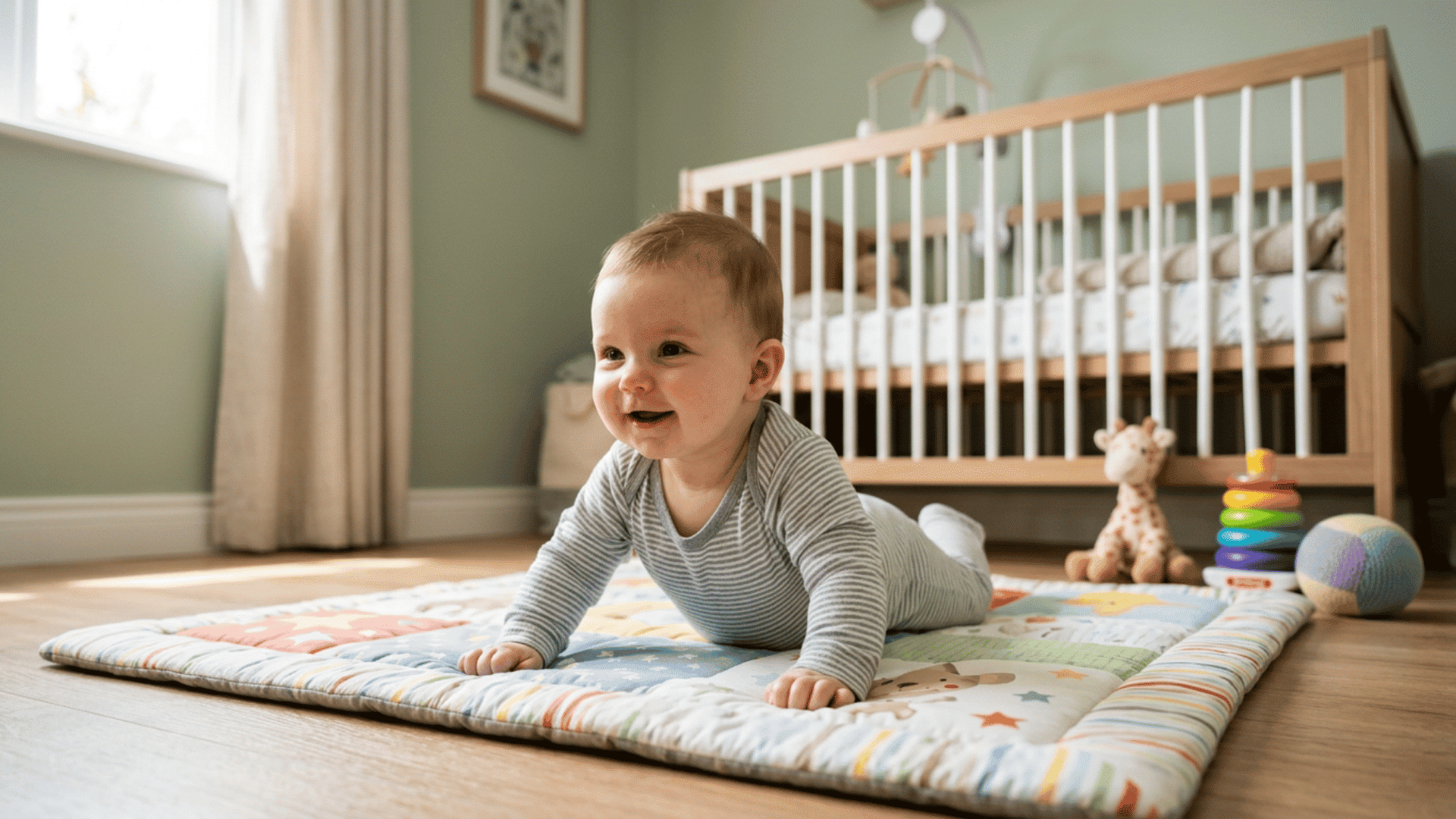 smiling baby rests on their stomach on a play mat with toys beside a wooden crib