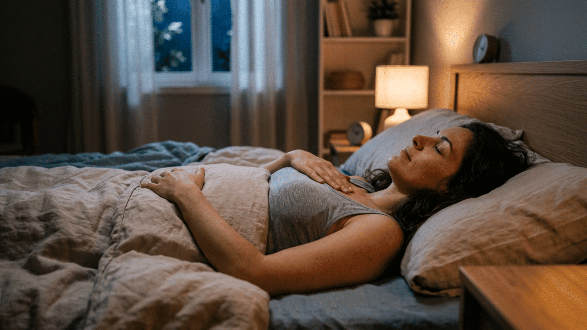 woman practising the 4-7-8 breathing method while lying in bed at night