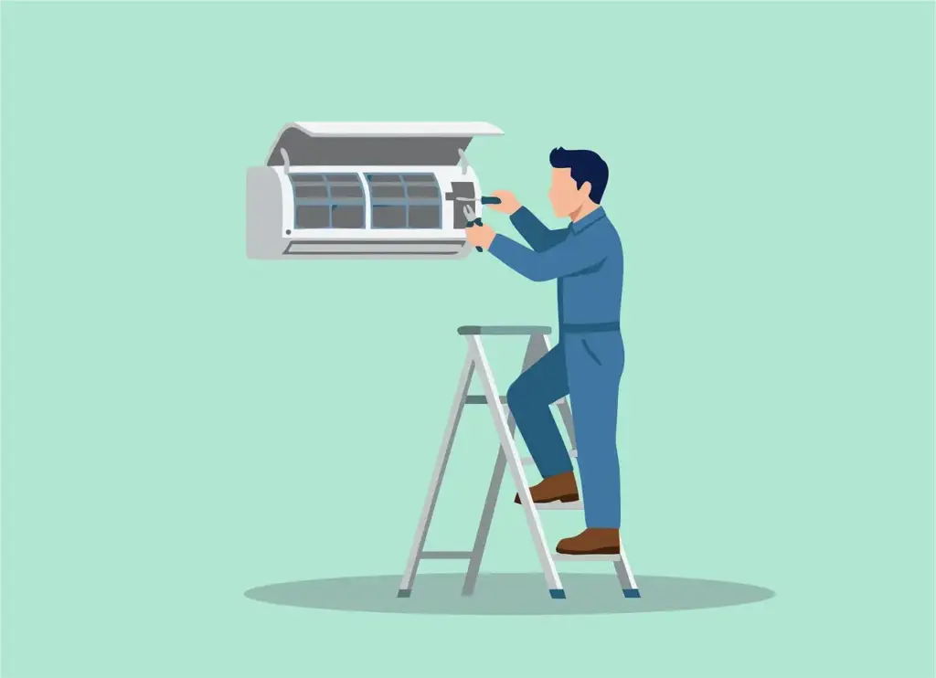 Technician on ladder repairing wall-mounted air conditioner in light green room