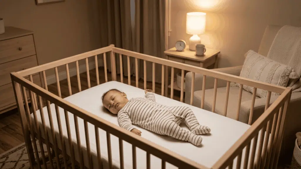 Sleeping baby lies on their back in an empty wooden crib beside a nursery chair.