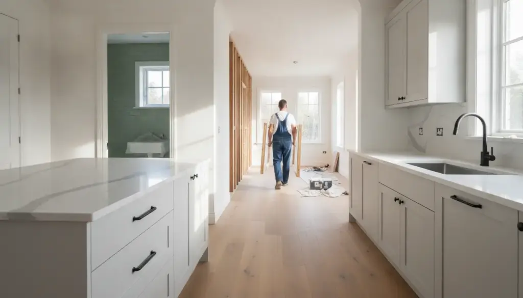 Person in overalls carrying wooden planks through bright modern kitchen under construction
