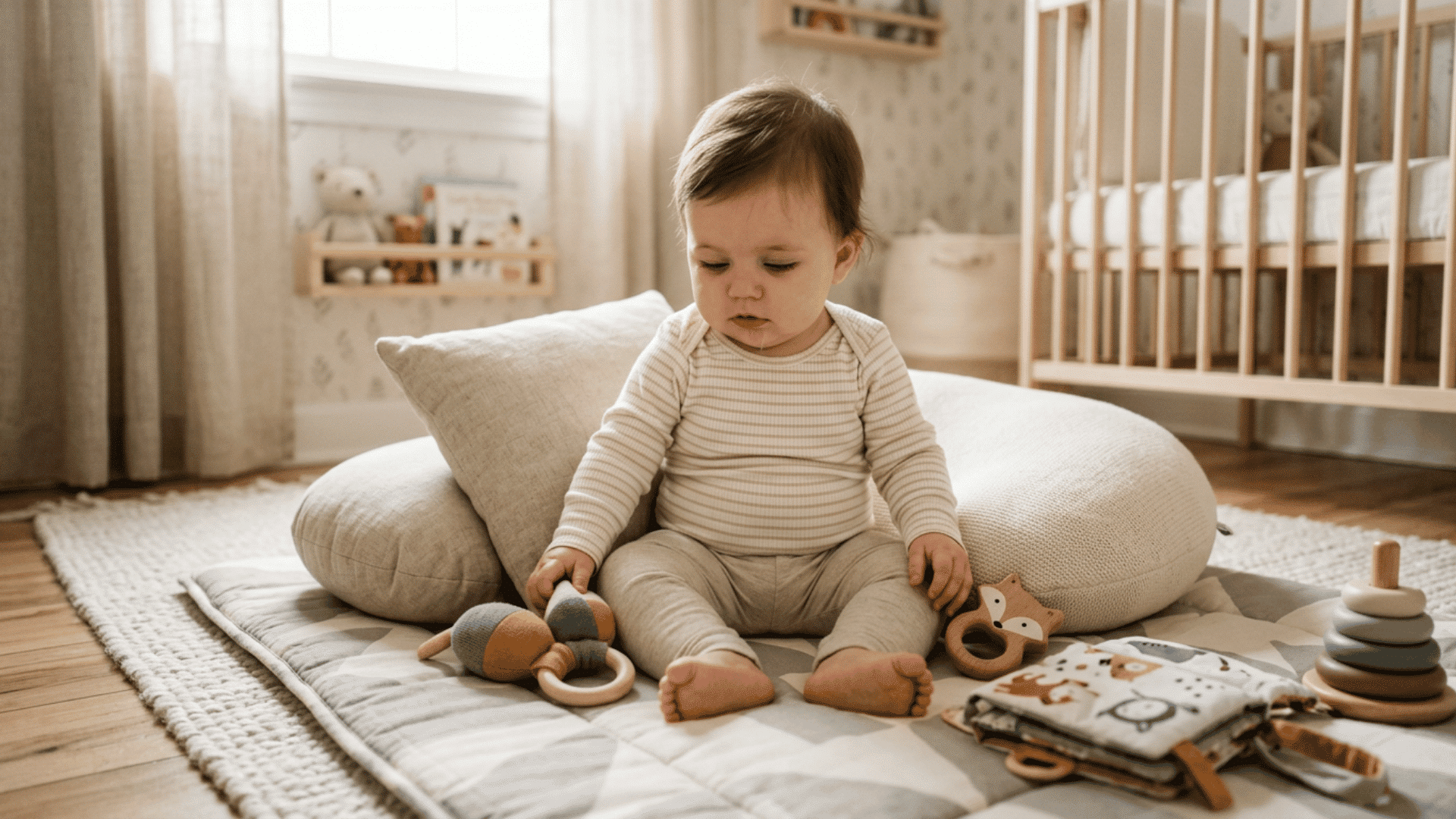 baby sits on a padded mat with soft toys and stacking rings beside a wooden crib