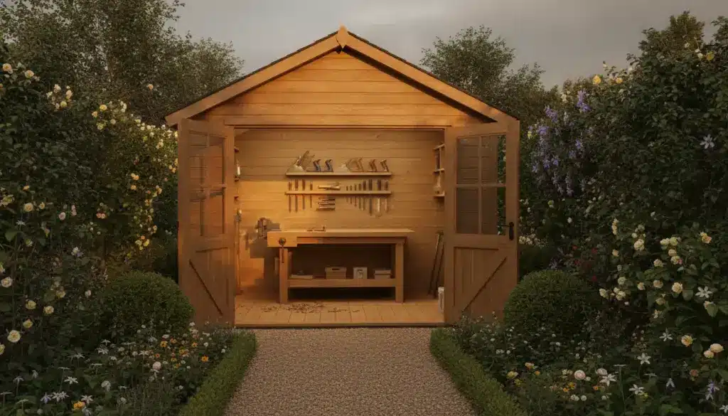 Wooden garden shed with open doors revealing carpentry tools on wall and workbench inside