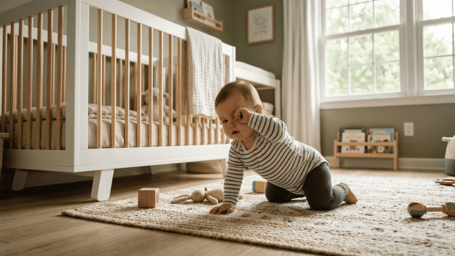 baby crawls across a nursery rug while rubbing one eye near a white wooden crib.