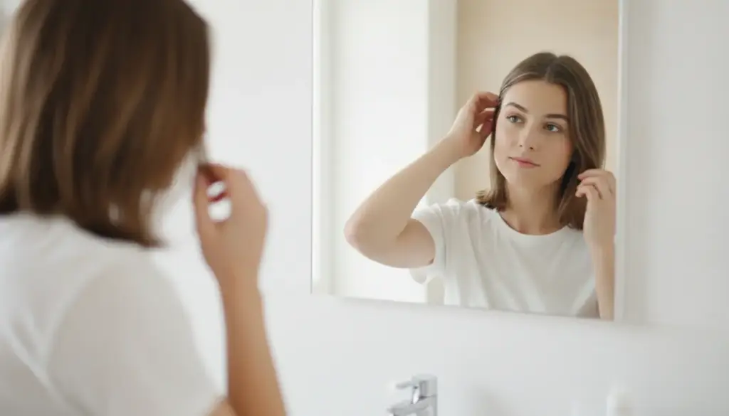 Young woman adjusting hair while looking at bathroom mirror in bright setting