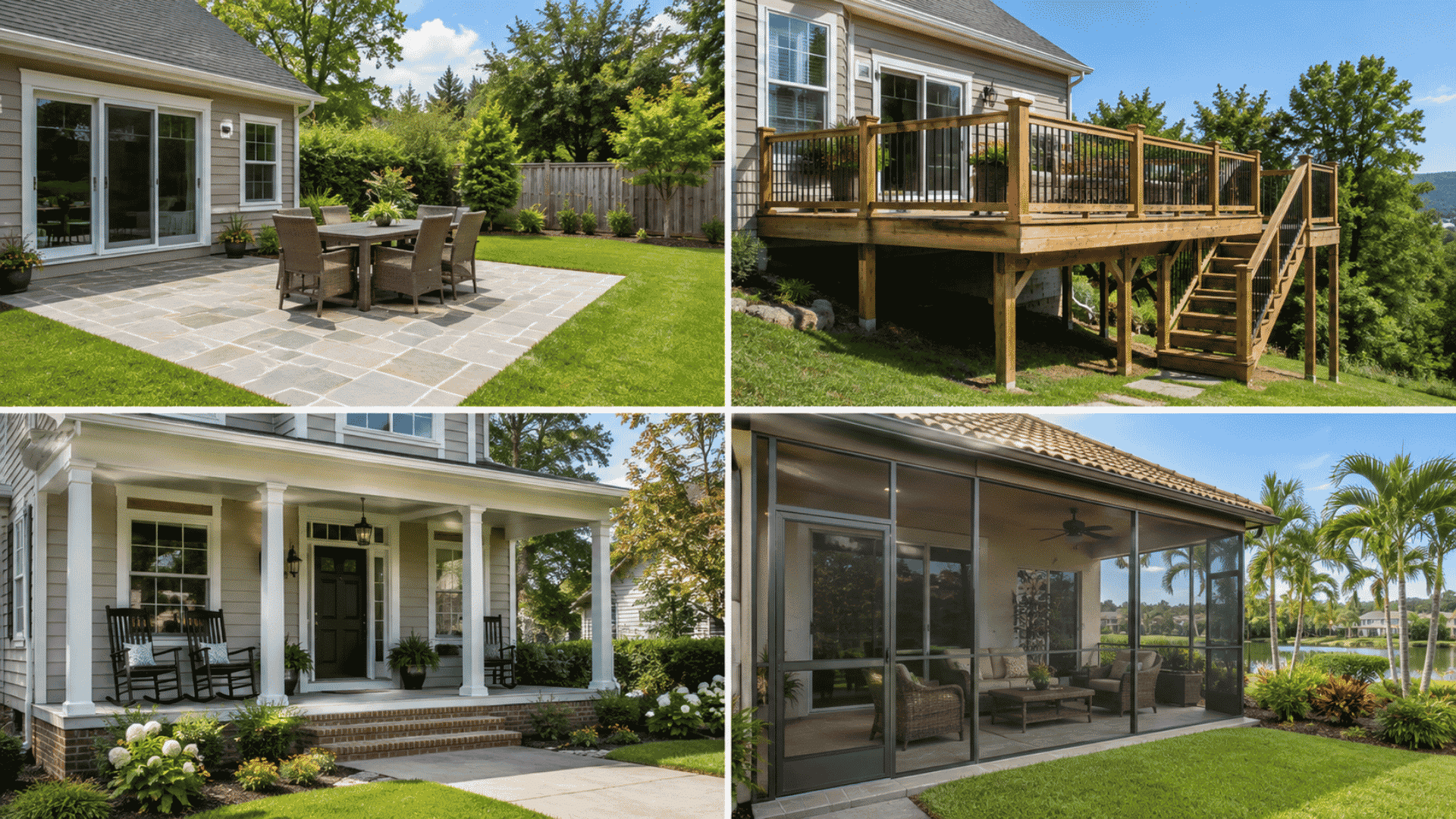 A four-panel grid comparing a stone patio, raised wood deck, covered front porch, and screened-in lanai