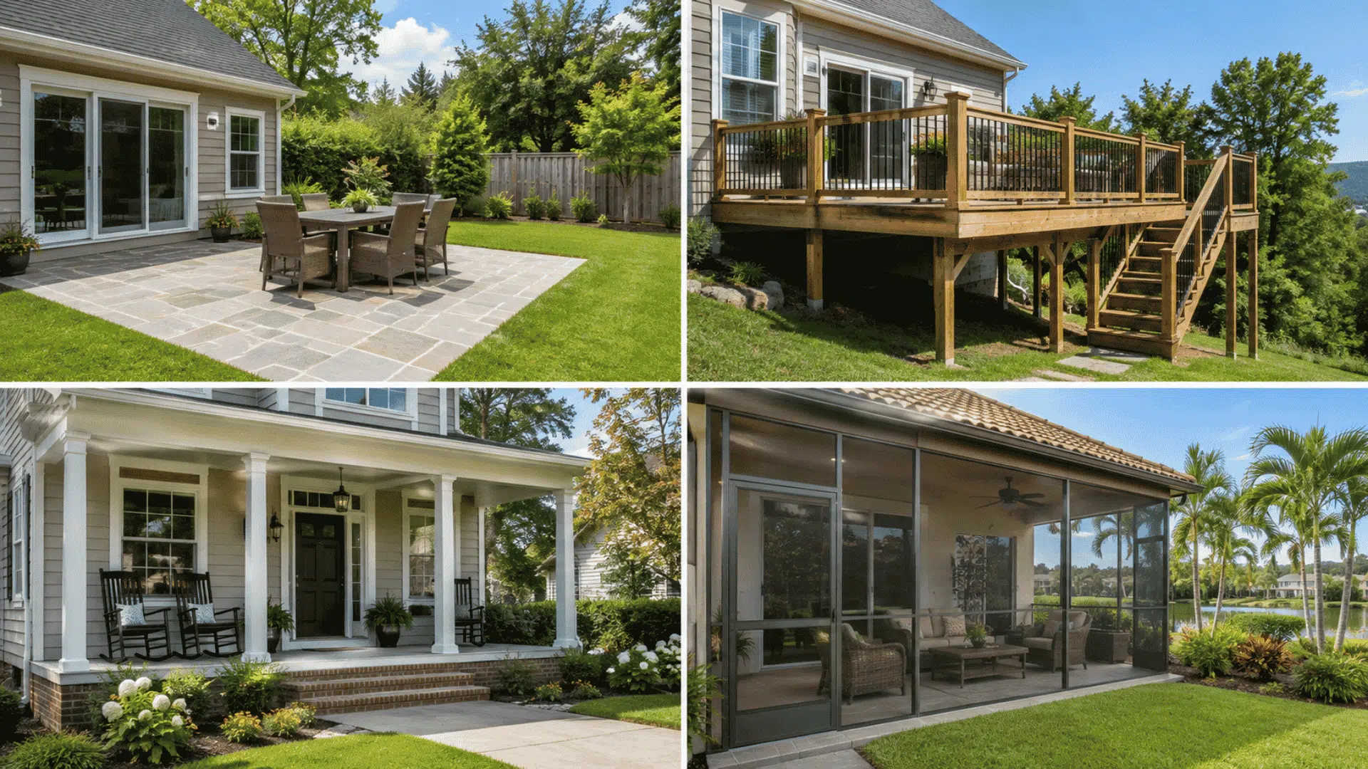 A four-panel grid comparing a stone patio, raised wood deck, covered front porch, and screened-in lanai