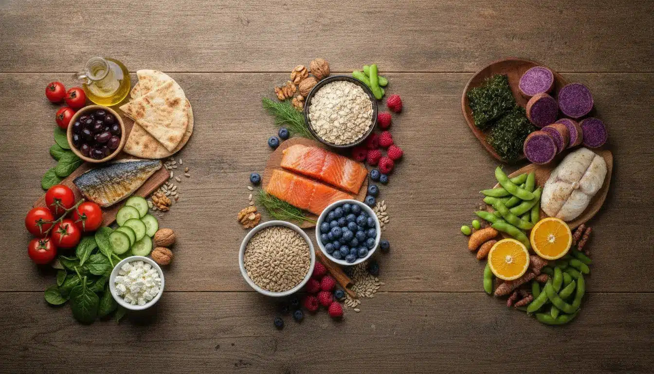 Mediterranean, Nordic, and Okinawan diet foods arranged on wooden table with fresh ingredients