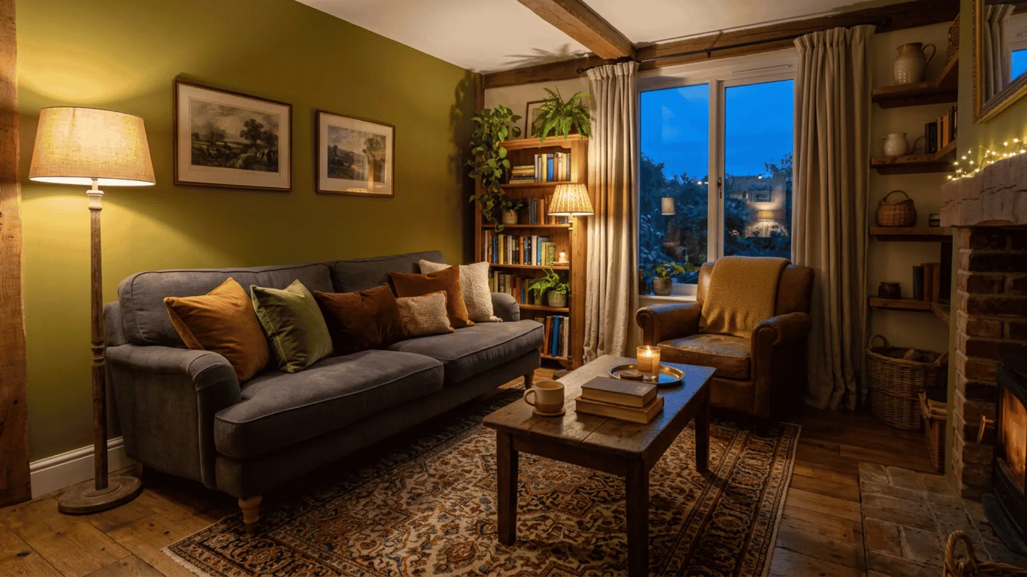 Cozy living room with warm clay accent wall, sofa, layered pillows, rug, and wood decor.