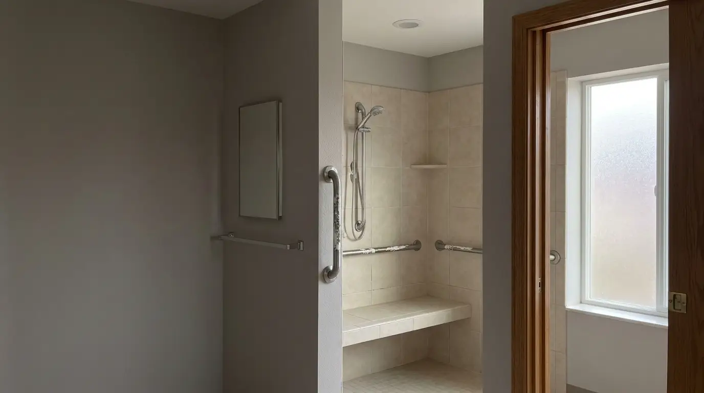 Accessible bathroom with grab bars and tiled shower area in natural light