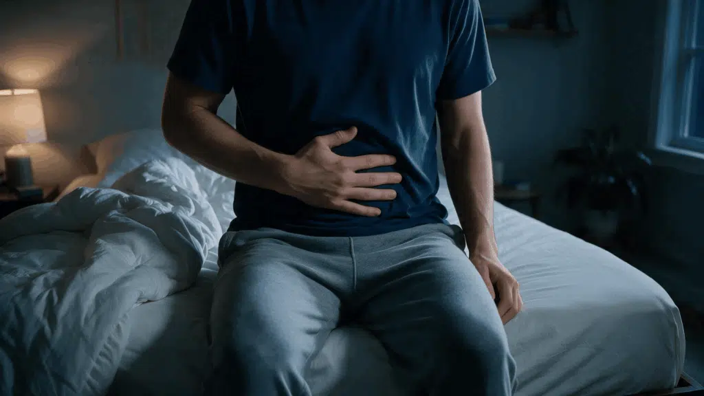 Person sitting on a bed at night holding their abdomen in discomfort with a bedside lamp glowing softly
