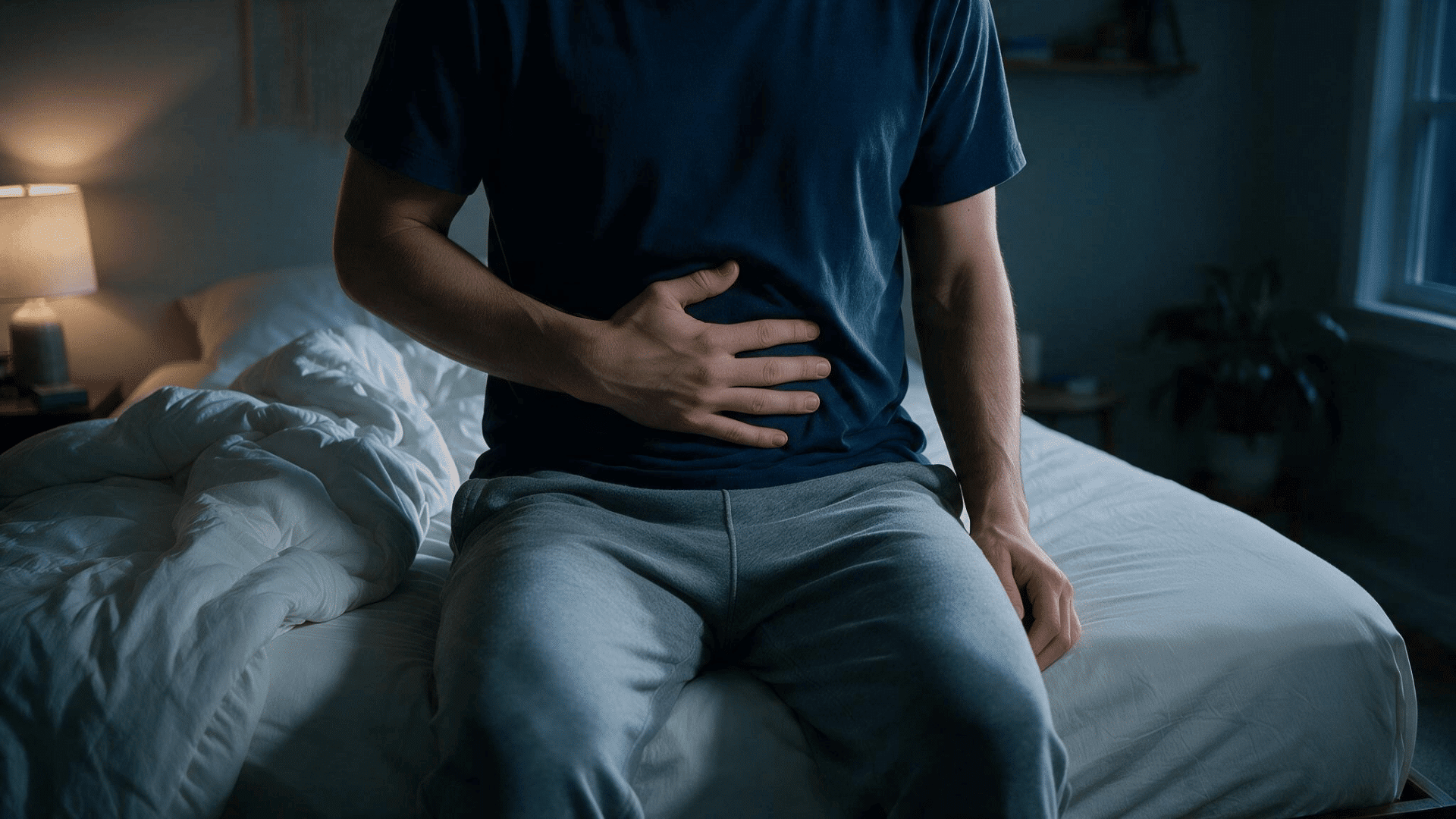 Person sitting on a bed at night holding their abdomen in discomfort with a bedside lamp glowing softly