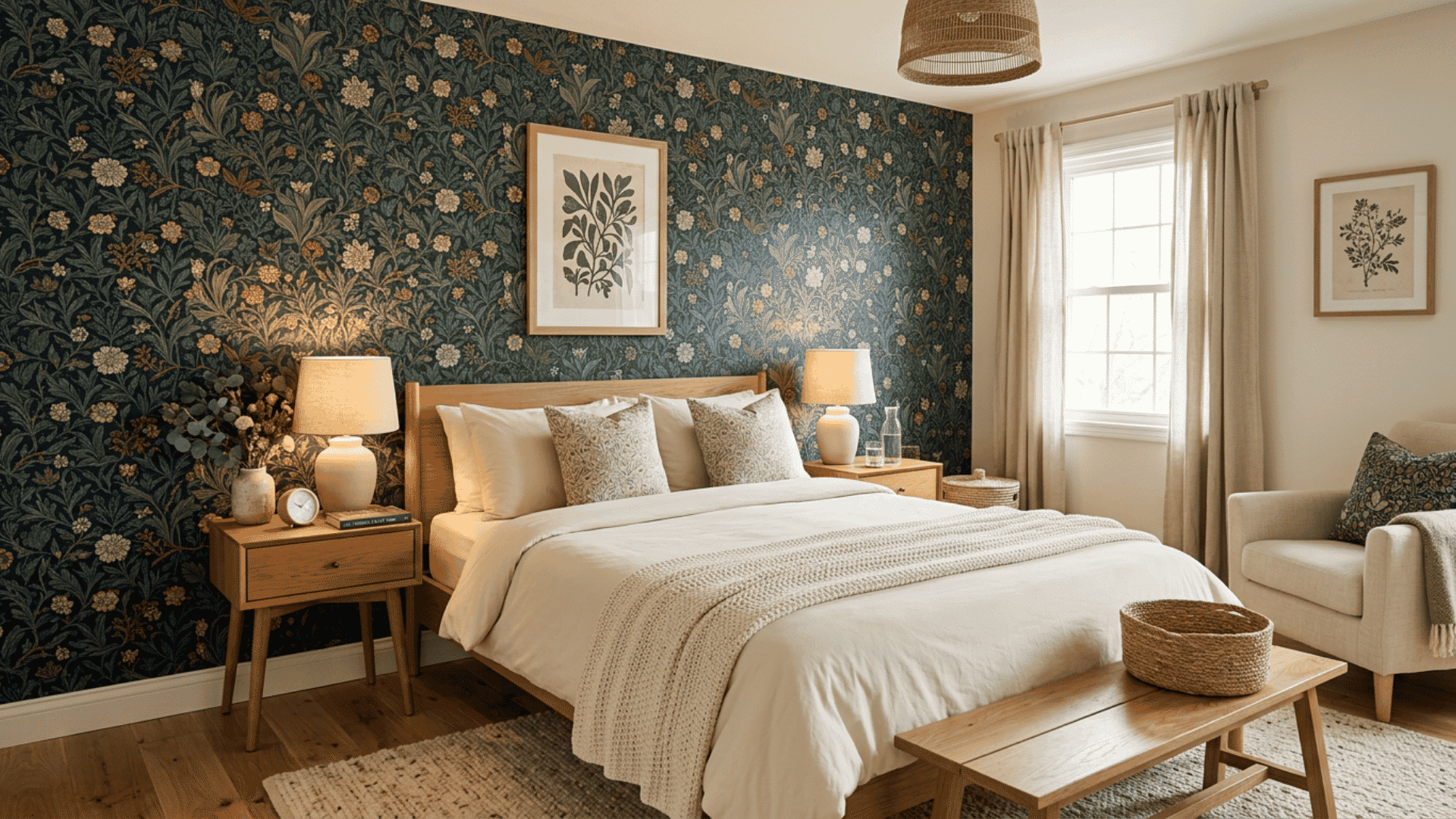 Guest bedroom with botanical wallpaper behind a bed with cream bedding