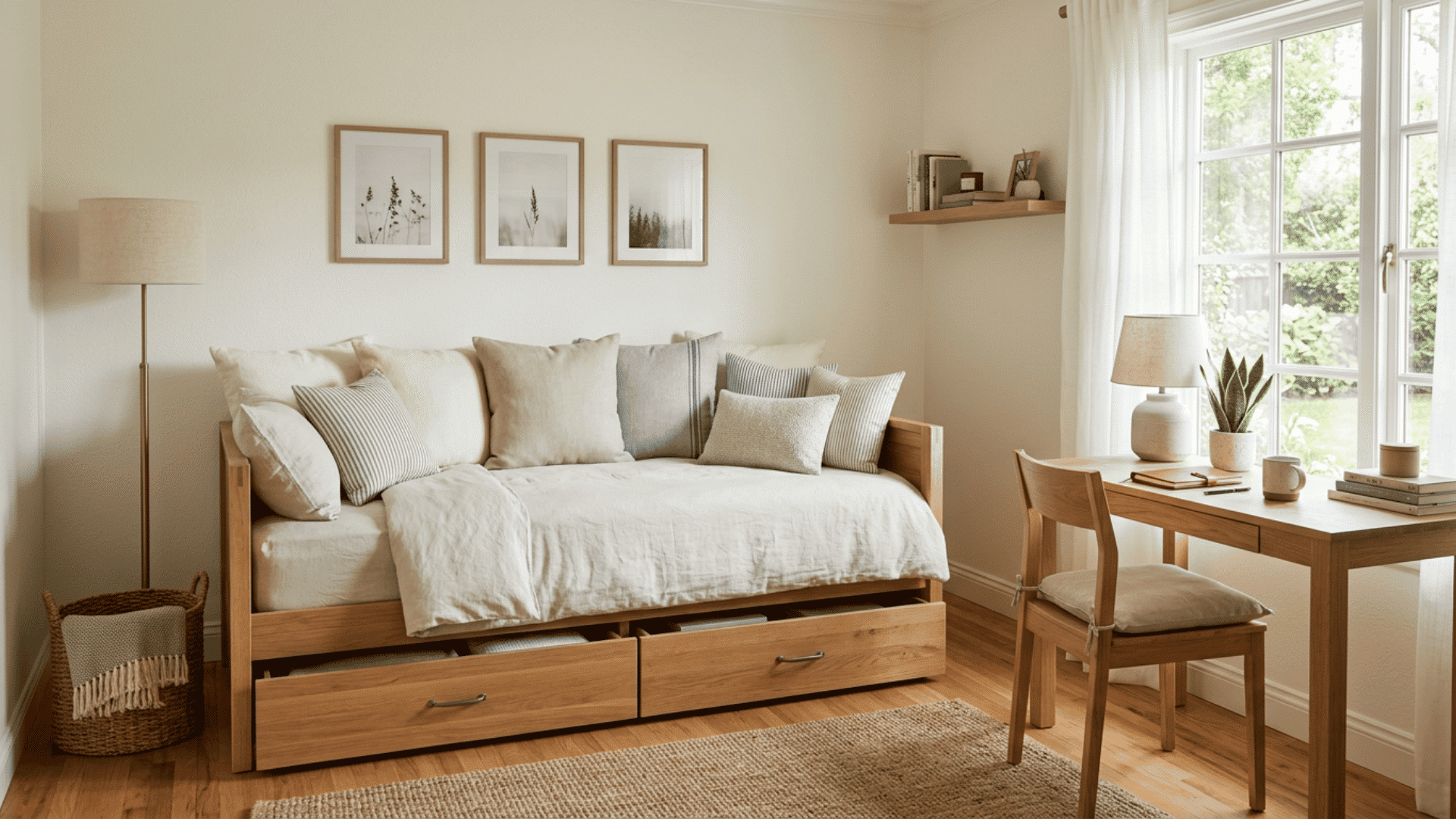 Multiuse guest room with a daybed, cushions, and storage drawers