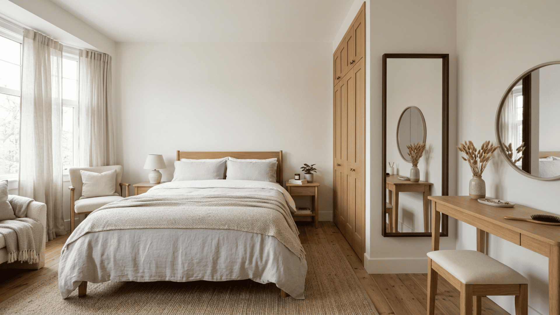 Full-length mirror secured beside the closet in a guest bedroom