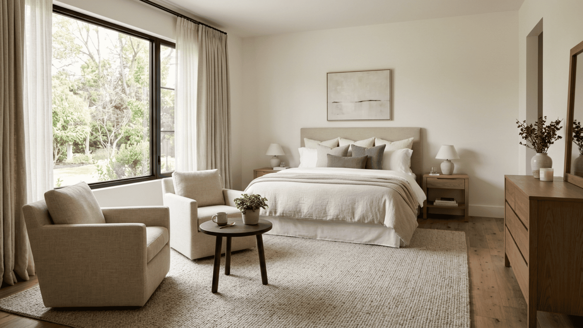 Large guest bedroom with two chairs and a small table near the window