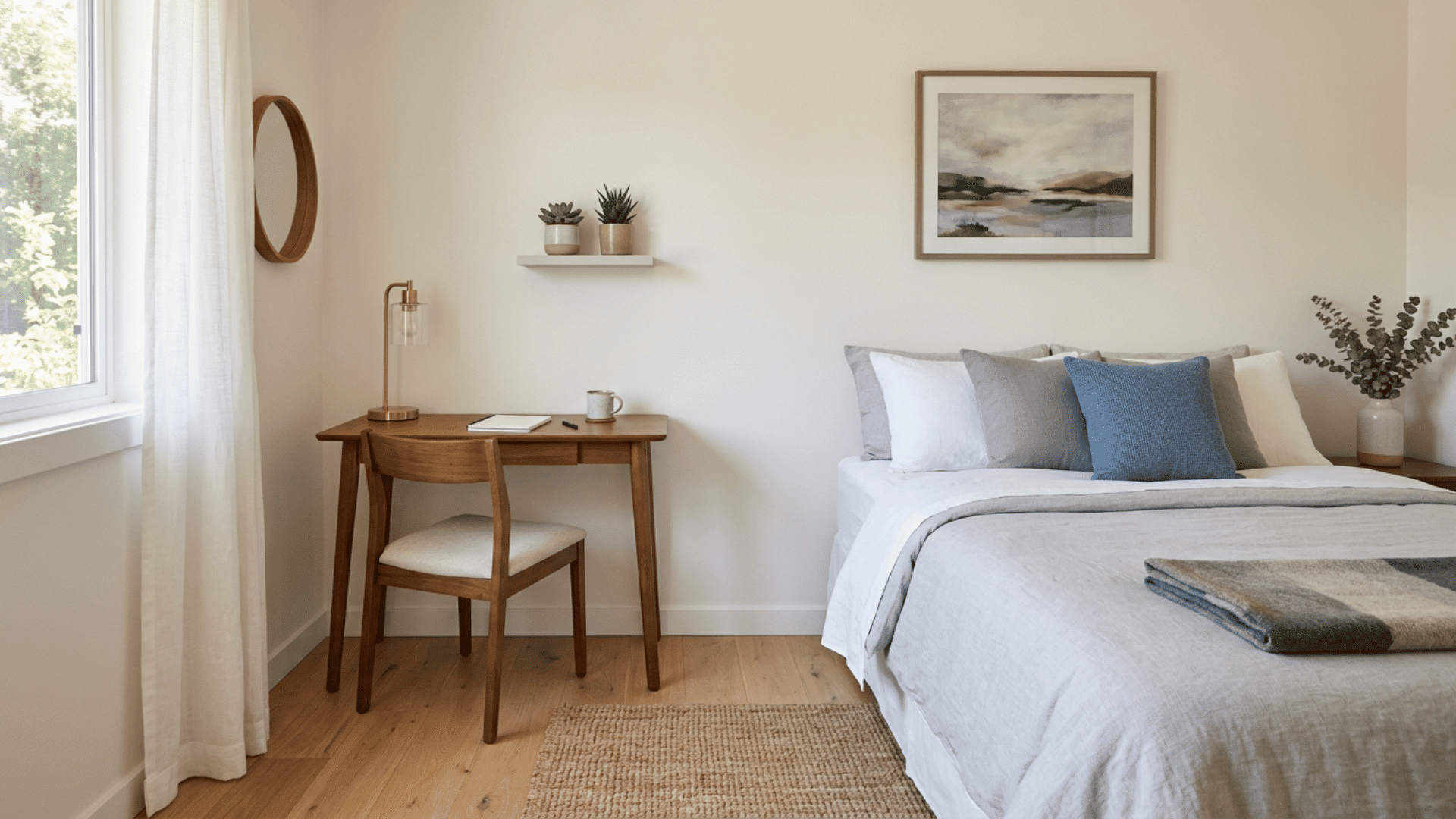 Guest bedroom with a narrow writing desk, chair, and small lamp