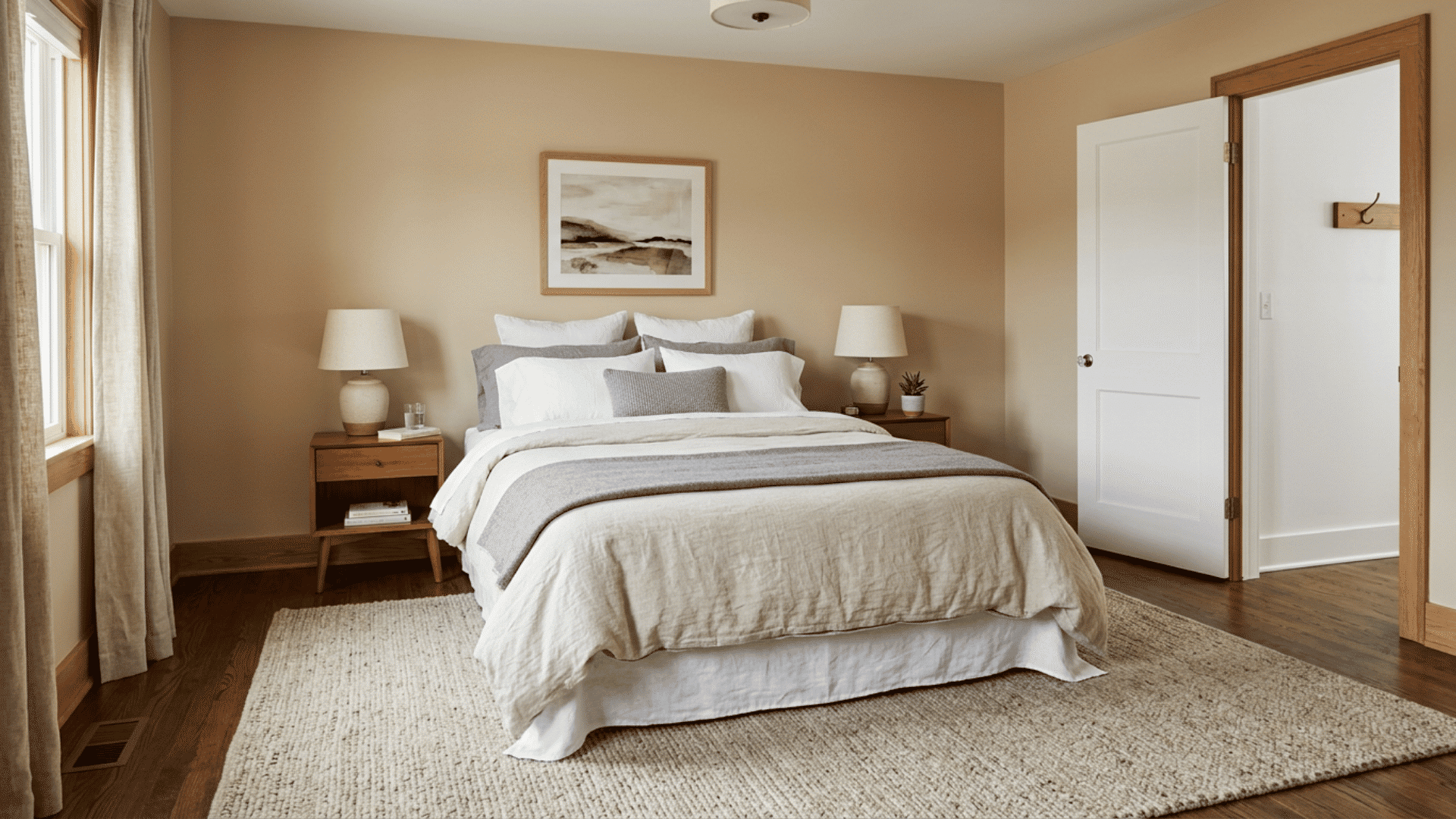 Low-pile rug extending beyond the sides of a guest room bed