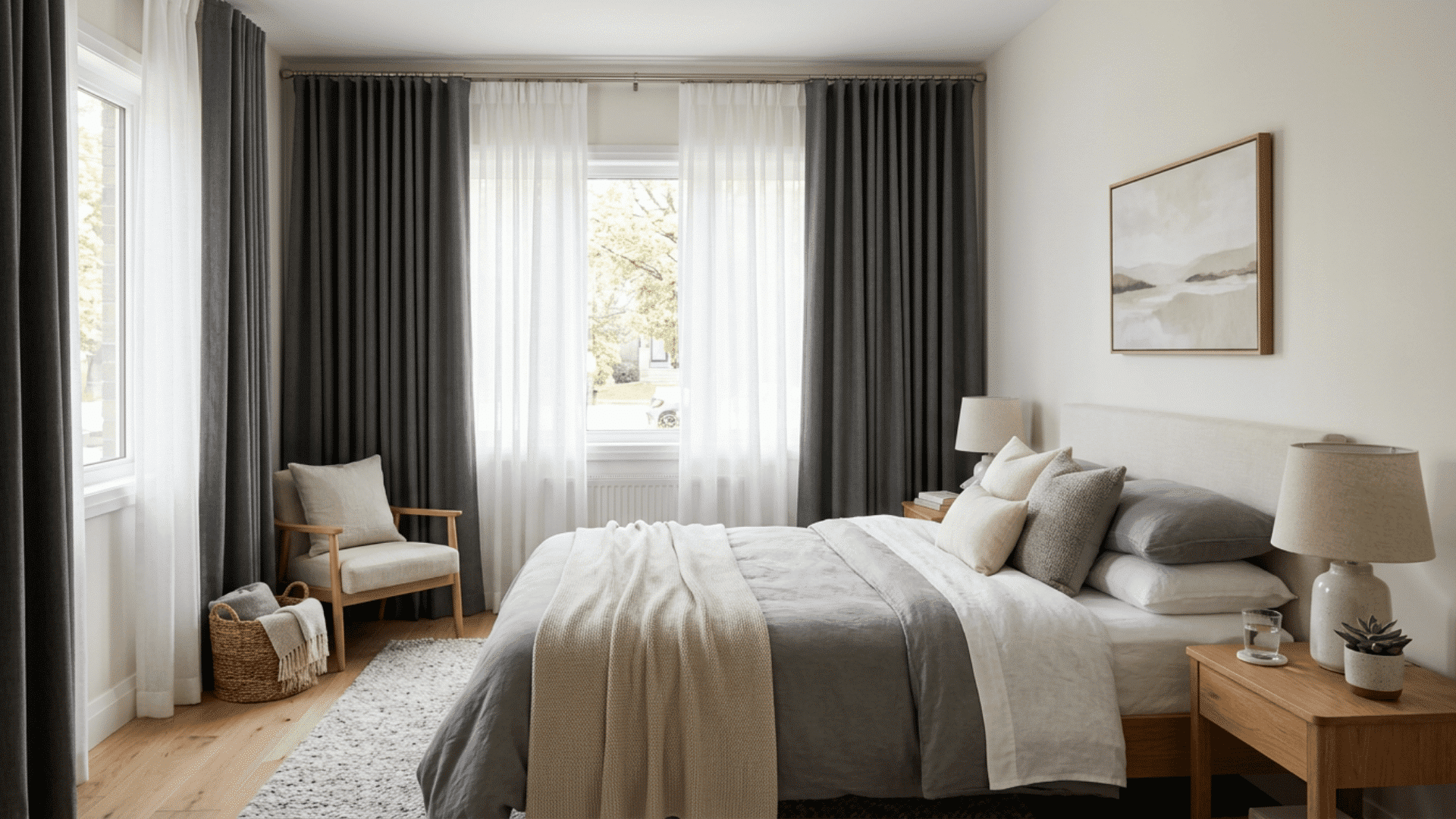 Guest bedroom with full-length blackout curtains and sheer inner panels