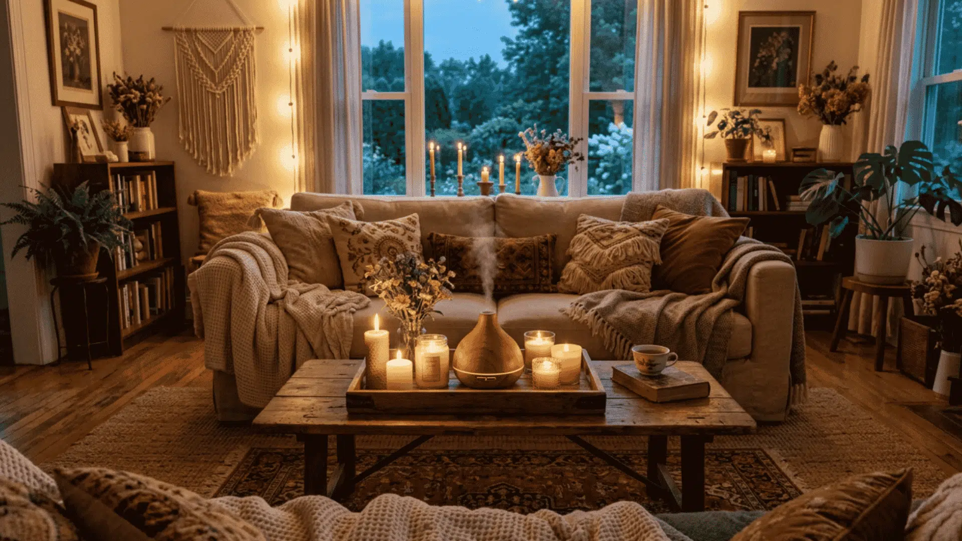 Cozy living room with candles, diffuser, wood tray, blankets, pillows, and soft lighting.