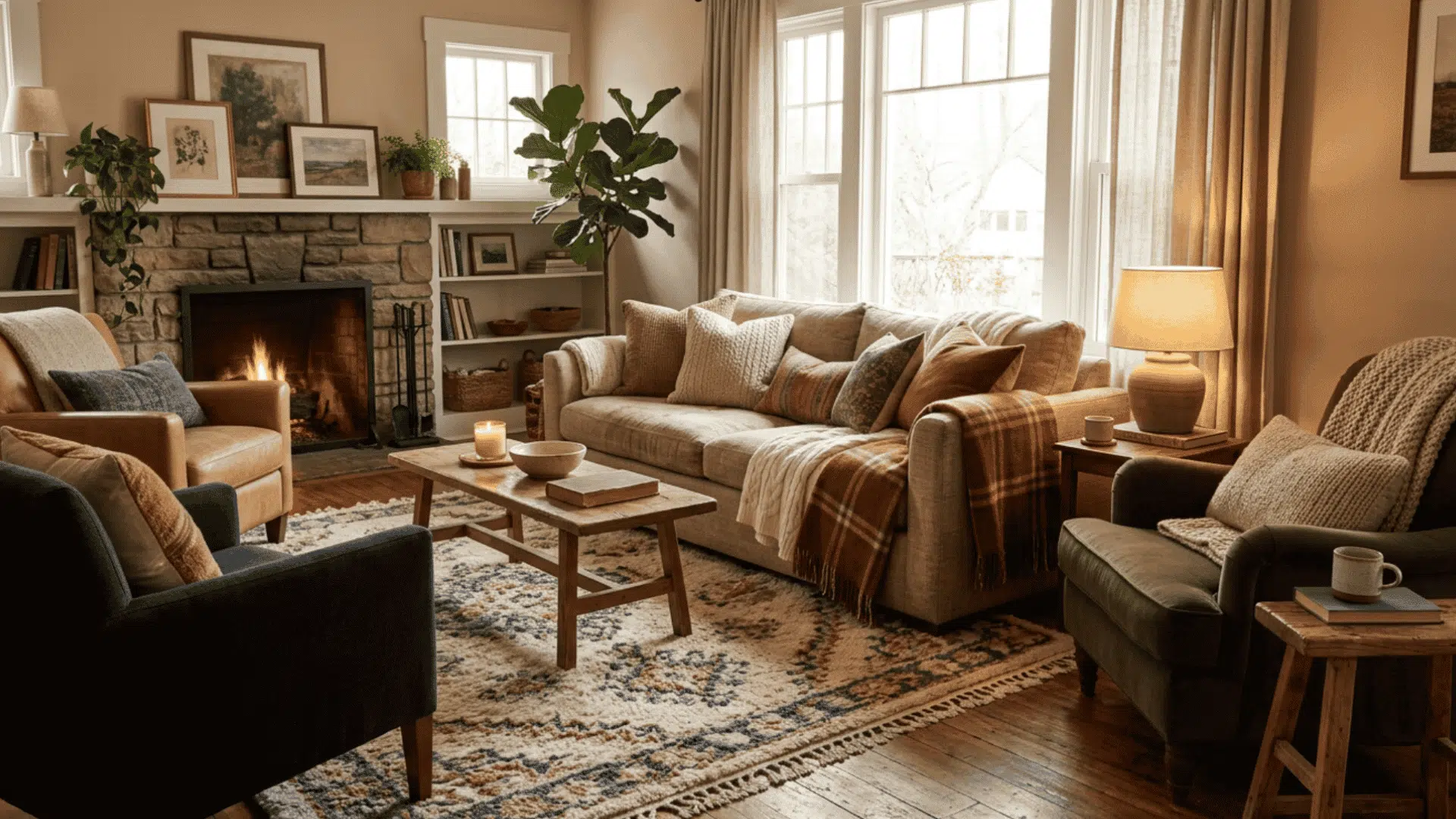 Living room with deep cushioned sofa, soft armchairs, pillows, blankets, and warm rug.