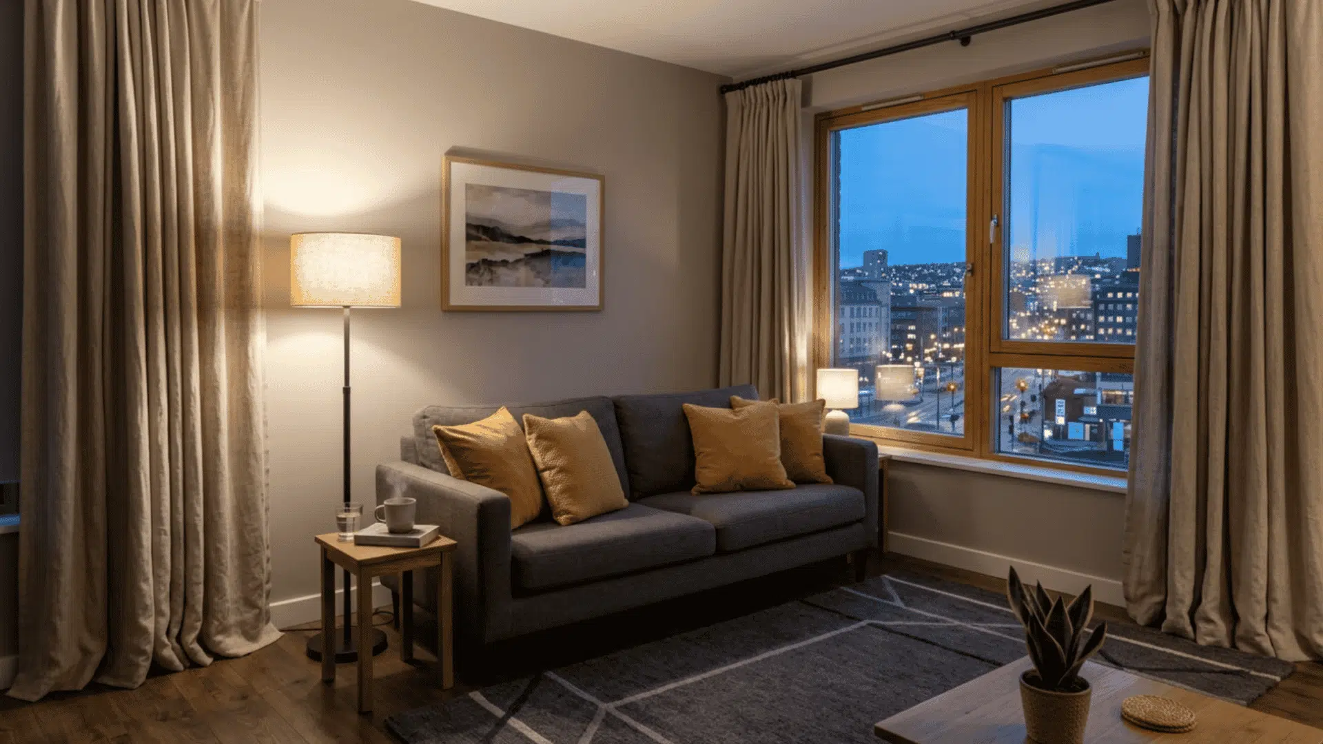 Warm living room with soft linen curtains, cozy sofa, plush pillows, and gentle daylight.
