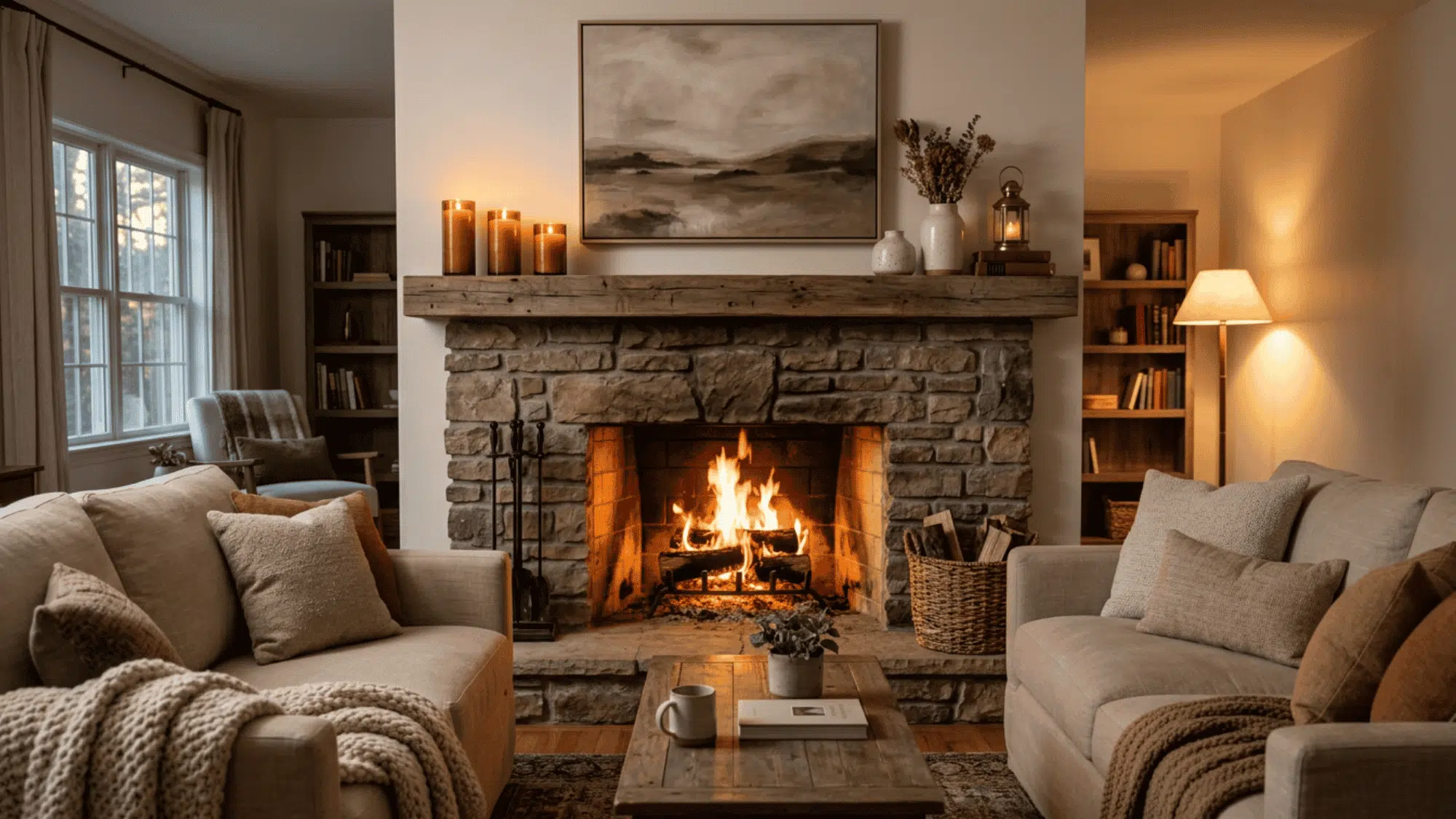 Cozy living room with fireplace, styled mantel, candles, art, and sofa facing the fire.