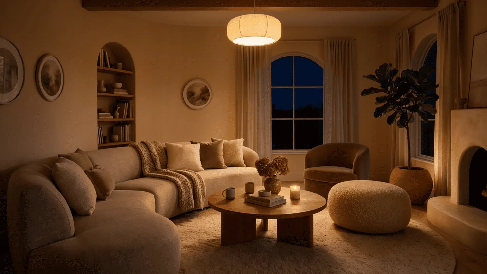 Living room at night with low lamp light, candles, blankets, warm shadows, and cozy sofa.