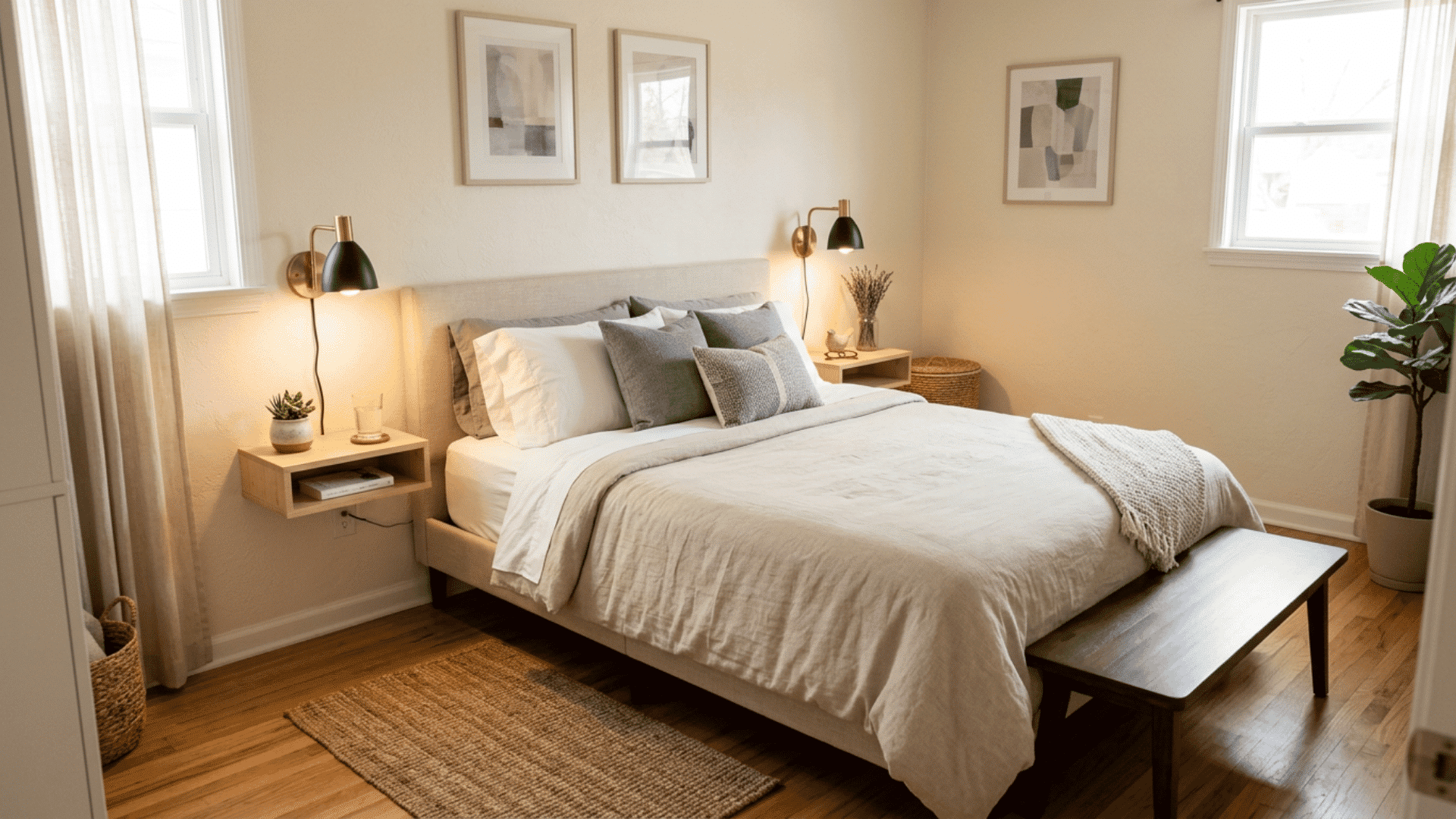Small guest bedroom with floating shelves and wall-mounted lights