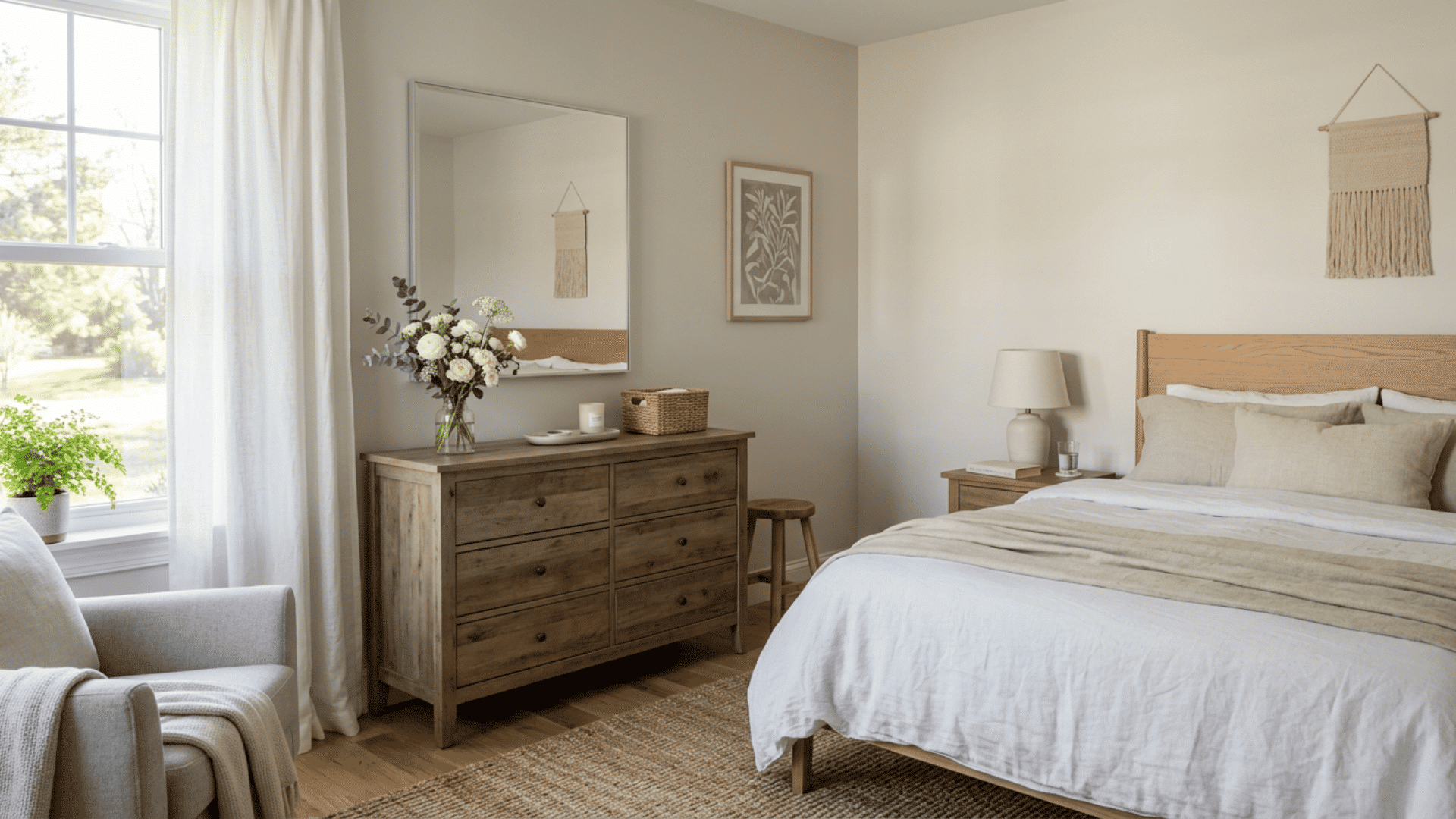 Small vase of white flowers on a dresser in a neutral guest bedroom