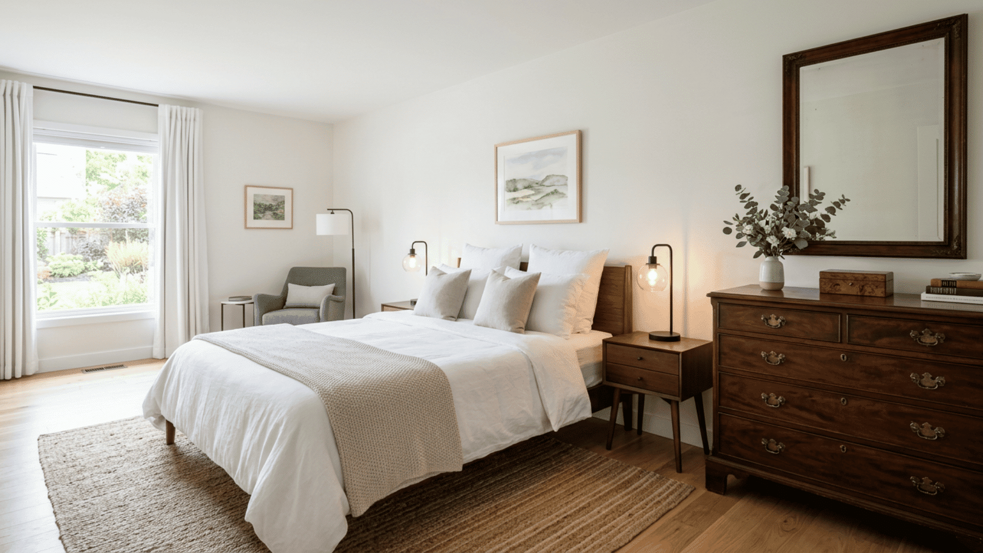 Guest bedroom with an antique wood dresser and fresh white bedding