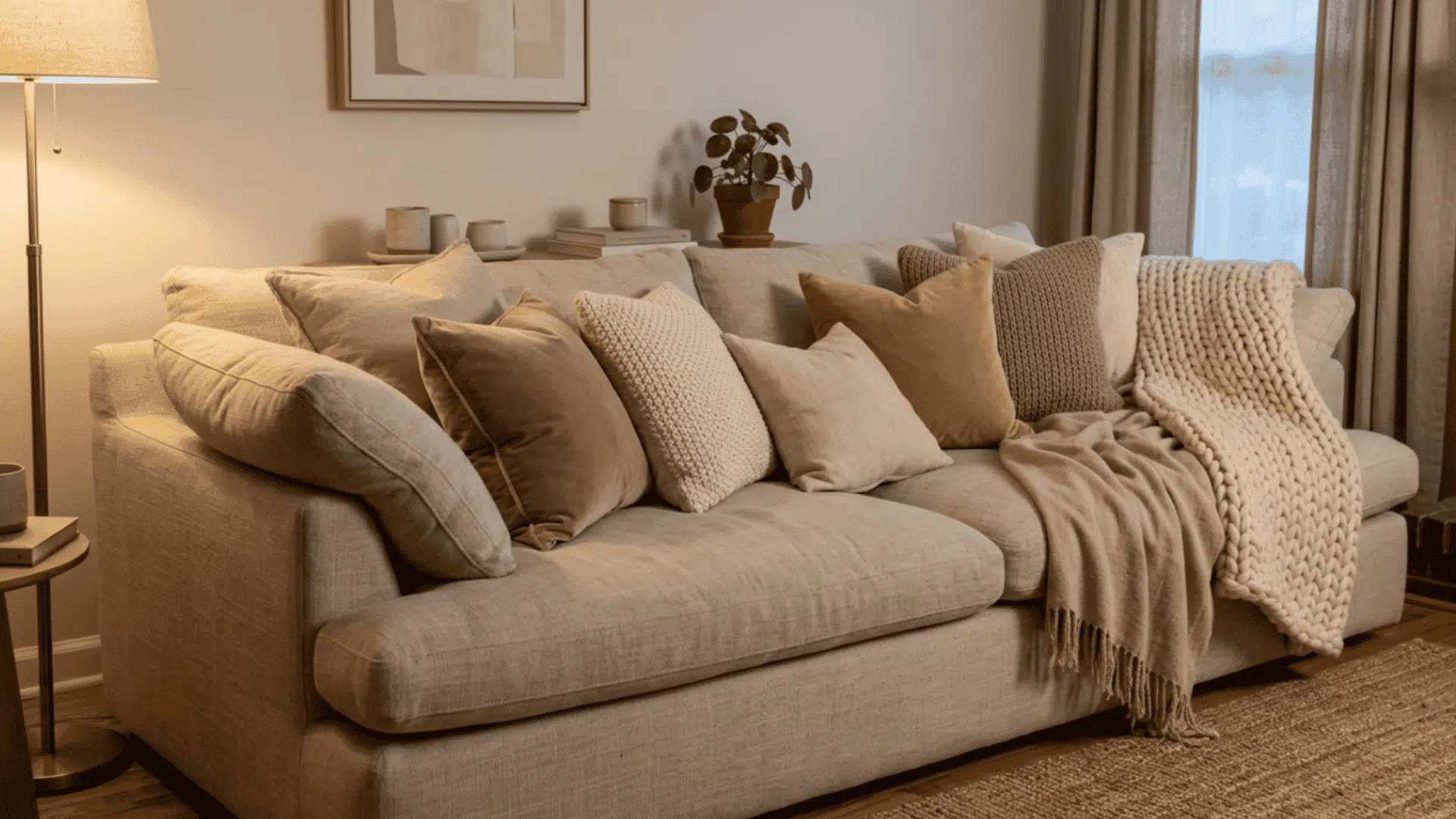 Soft sofa with oversized pillows, cozy blanket, warm lighting, and neutral living room decor.