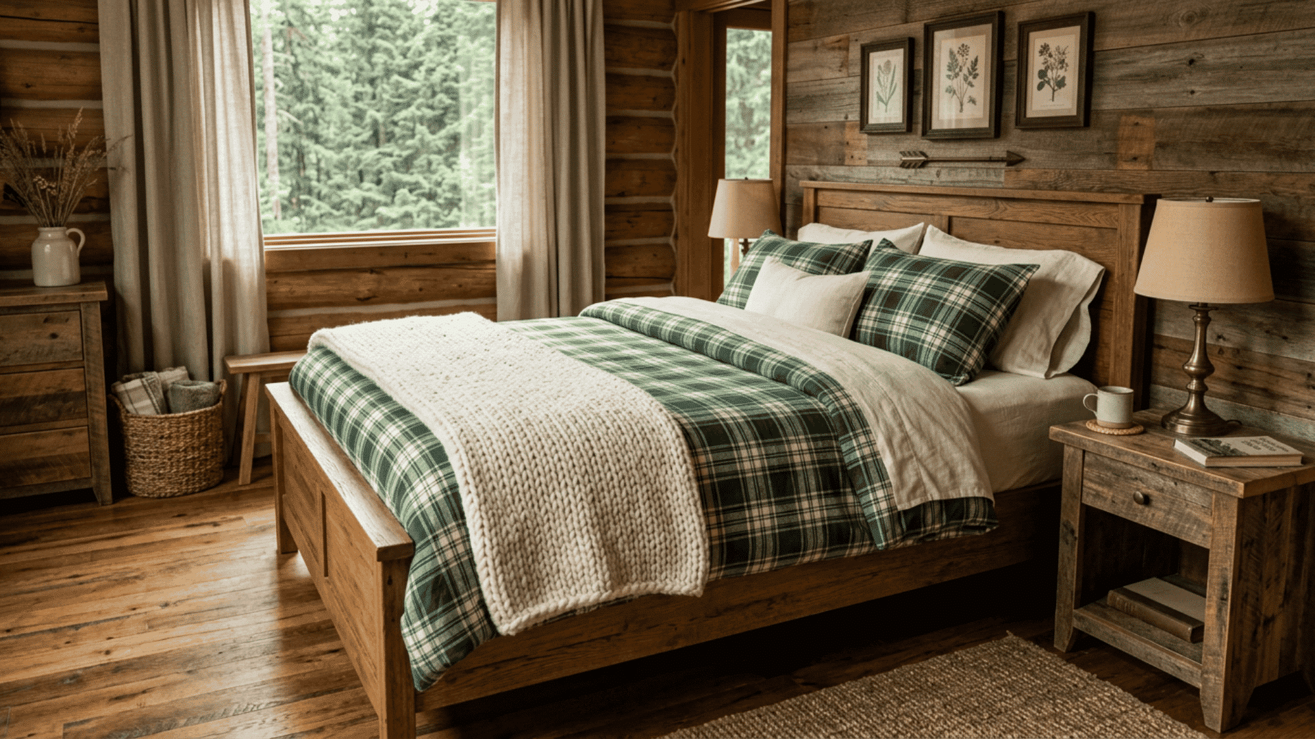 Rustic guest bedroom with green plaid bedding and wooden furniture