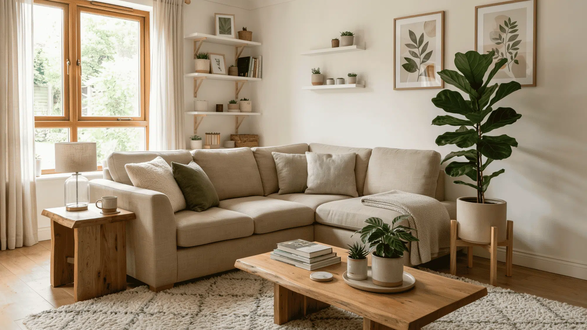 Cozy living room with indoor plants, warm neutral sofa, soft rug, and natural light.