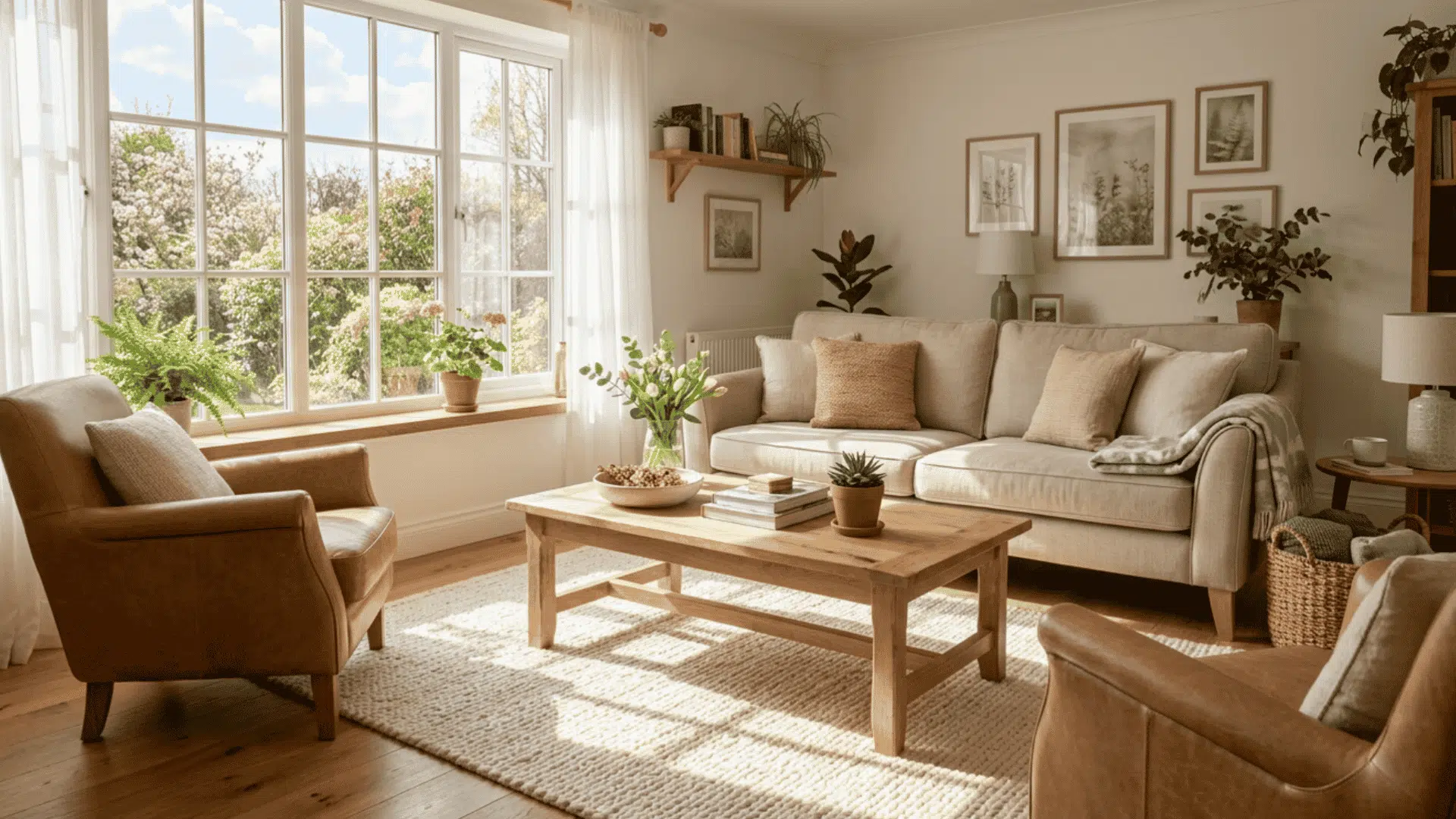 Cozy living room with sofa and chairs facing each other around a coffee table.