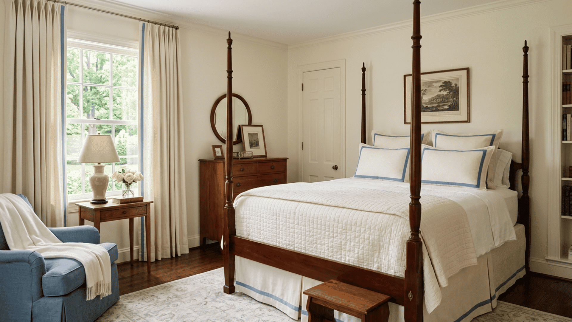 Guest room with ribbon-trim curtains and matching detailed bedding