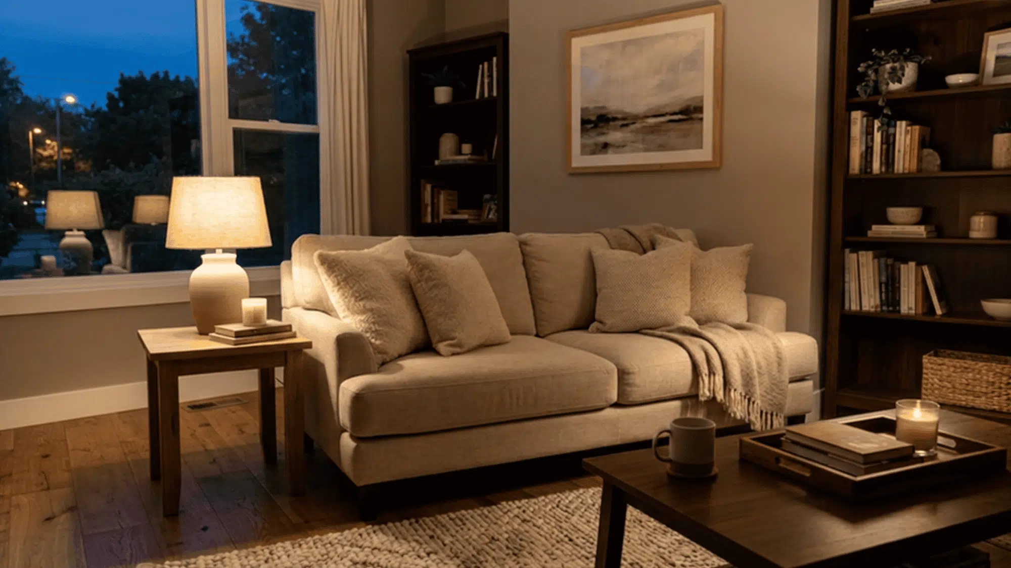 Warm table lamps glowing beside a cozy sofa with pillows, wood accents, and soft decor.