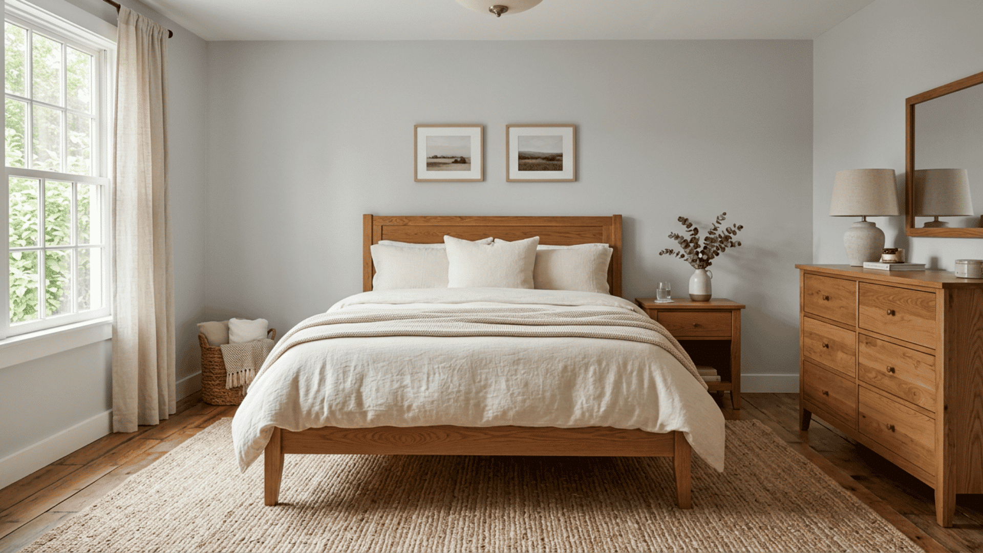 Guest bedroom with a warm wood bed, dresser, and neutral bedding